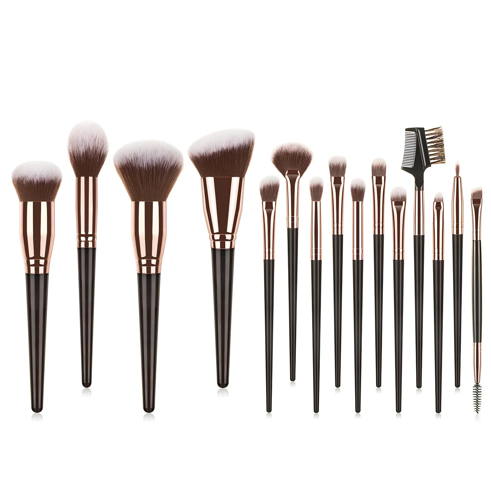 15-piece brown makeup brush set with 19cm lengths and 4cm man-made fibre eye shadow brush