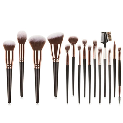 15-piece brown makeup brush set with 19cm lengths and 4cm man-made fibre eye shadow brush
