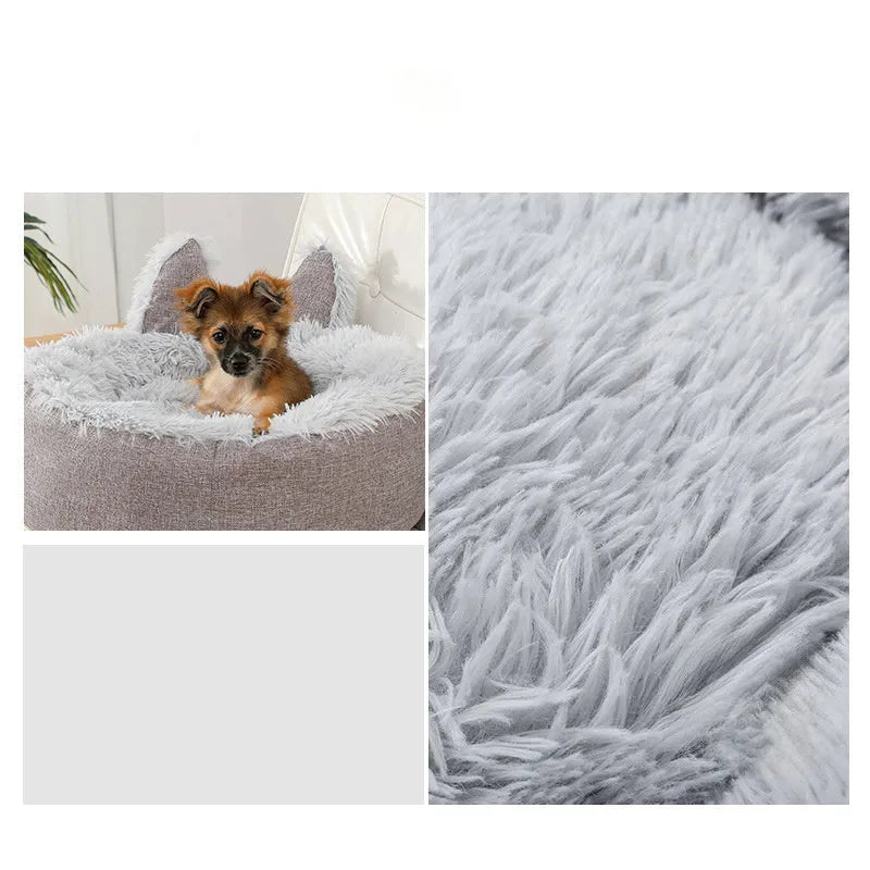 Blue faux fur plush enclosed cat bed house on a wooden floor