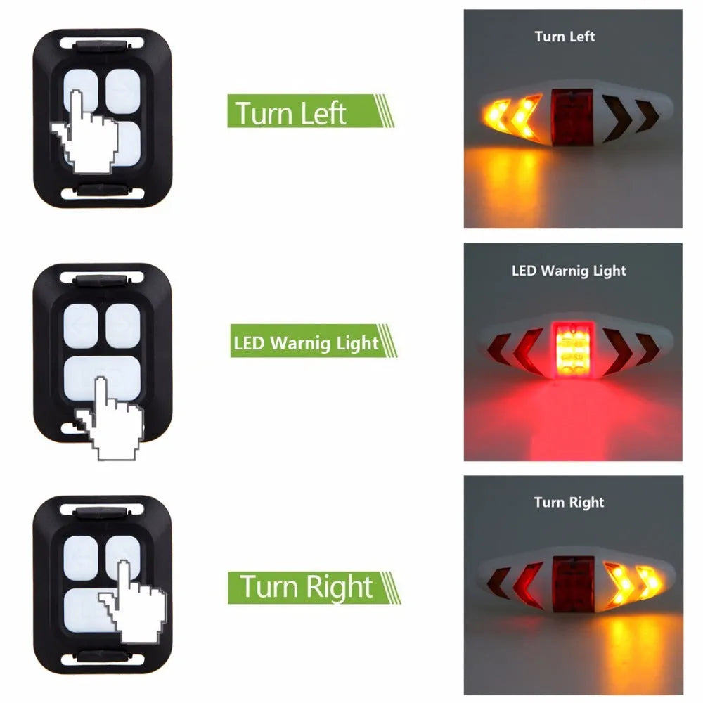 Wireless remote control bicycle taillight with directional indicators, IPX2 waterproof, black colour, installed on bicycle seat post