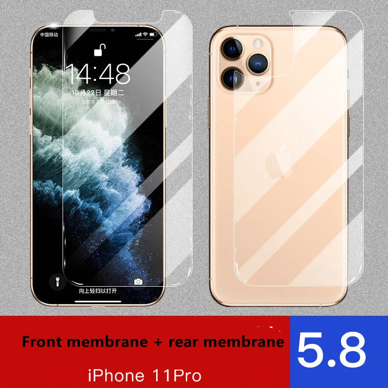 iPhone tempered glass screen protector and rear camera protector film set for 11, X, and XS models.