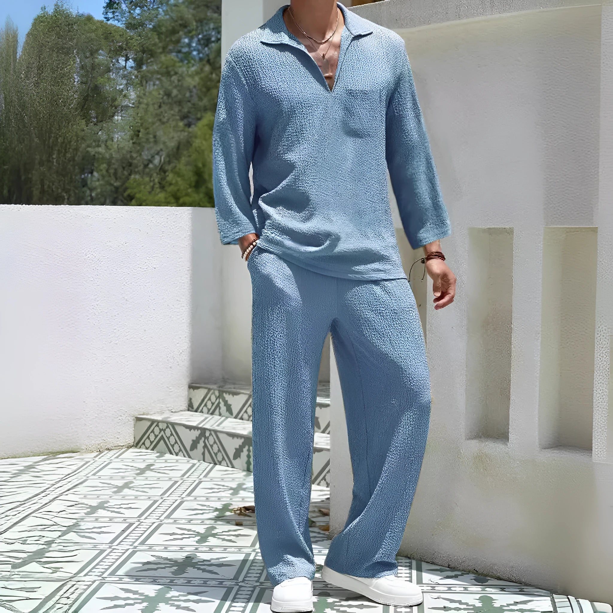 Men's casual shirt and trousers commuter suit set in lake blue colour.