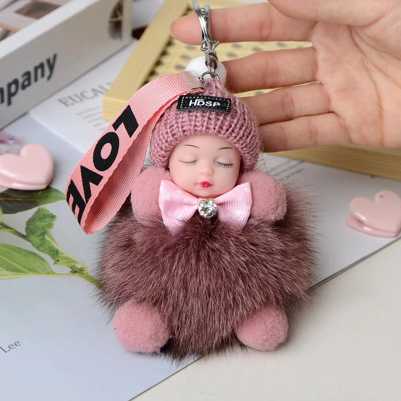 Hand-woven fox fur sleeping doll plush keychain pendant with or without bow