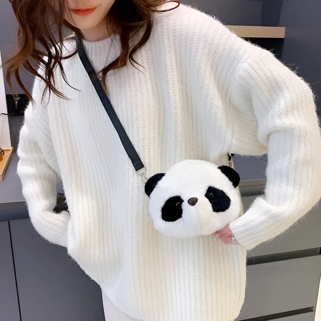 Soft plush panda head design cylindrical crossbody messenger bag with a sandwich pocket.