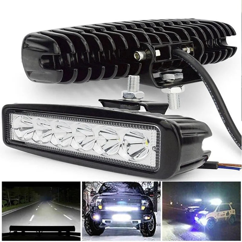 Black die-cast aluminium car auxiliary LED spotlight with white light, mounted on a bracket.