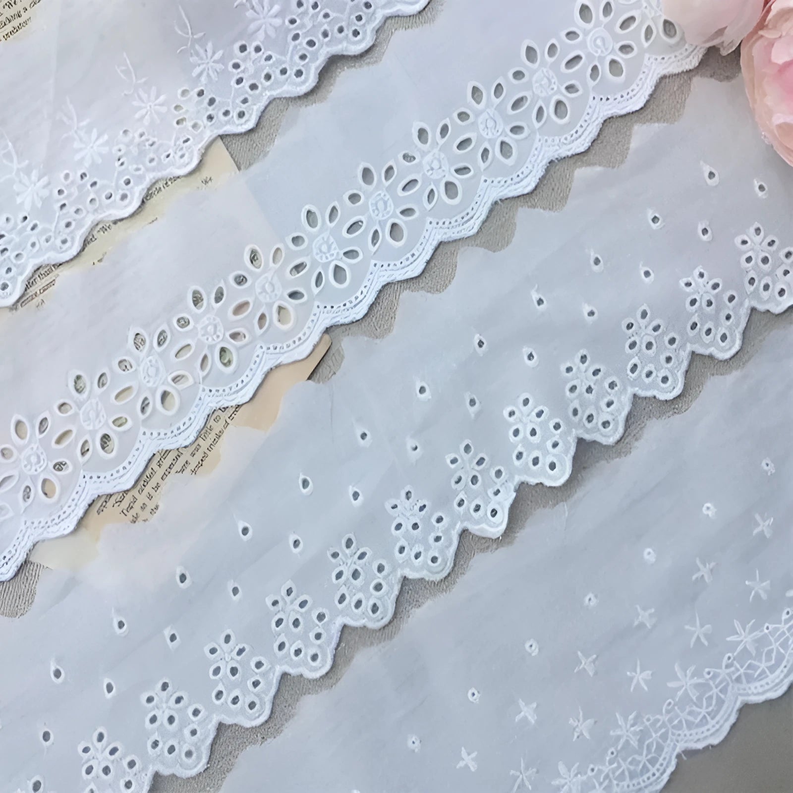 Embroidered cotton lace trim fabric in four different cutout styles for DIY clothing accessories