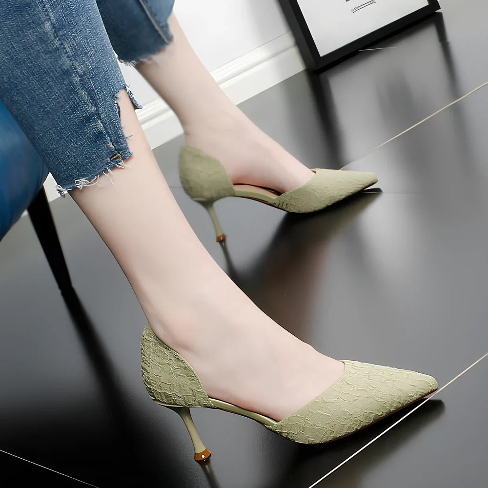 Women's black stiletto heel shoes with 6-8cm height, PU upper, rubber sole, size 36 fitting 230mm foot