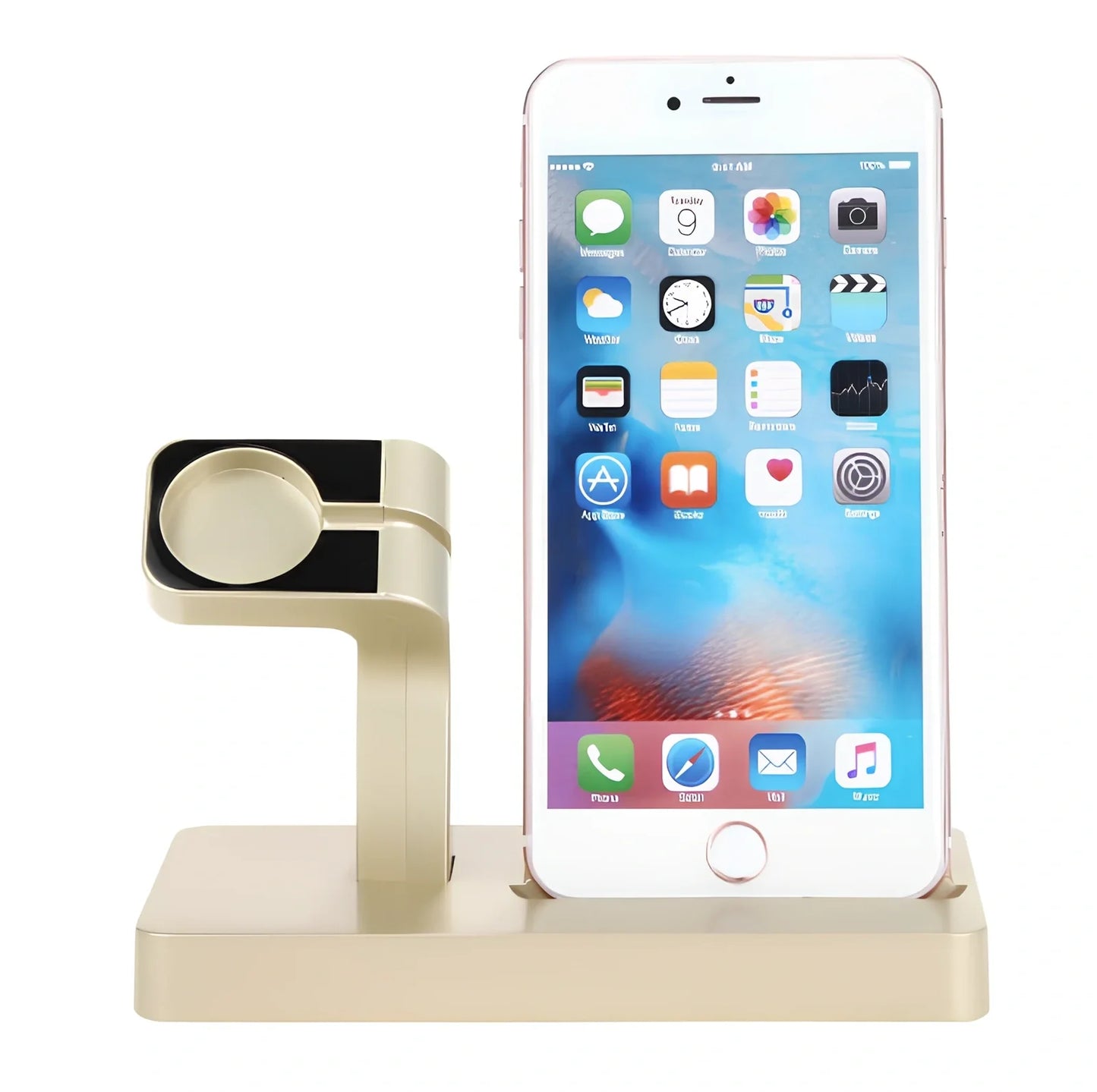 White 2-in-1 charging dock holding iPhone and Apple Watch, 150x78x106mm ABS stand with non-slip pads
