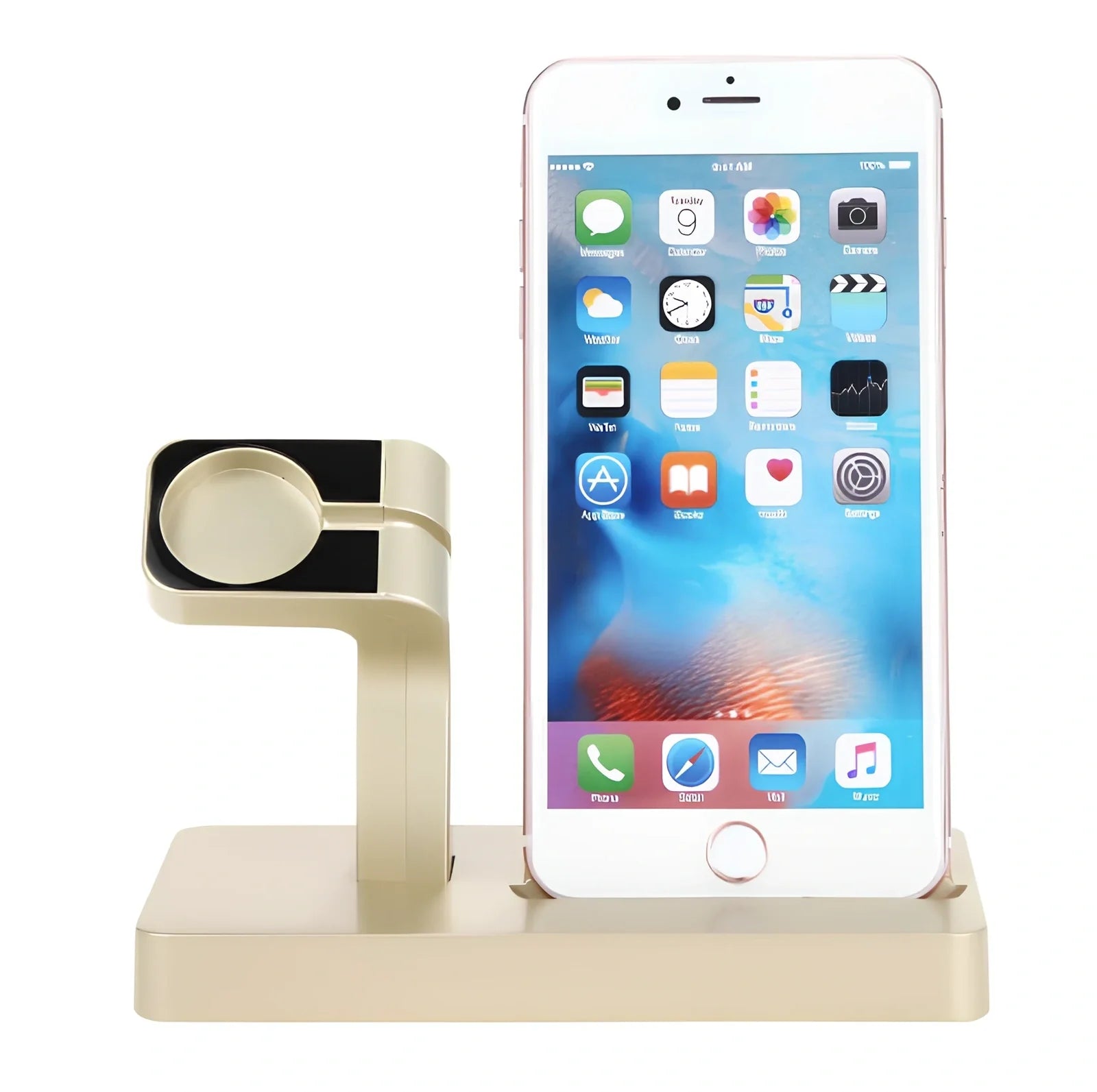 White 2-in-1 charging dock holding iPhone and Apple Watch, 150x78x106mm ABS stand with non-slip pads