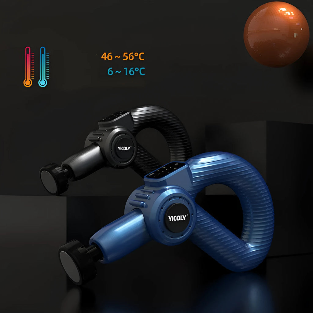 Black smart muscle massage gun with hot compress and ice compress functions on a table