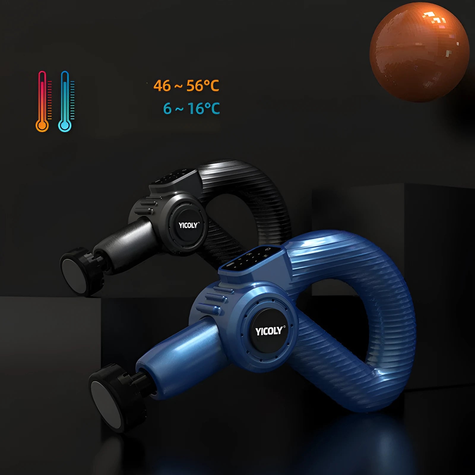 Black smart muscle massage gun with hot compress and ice compress functions on a table