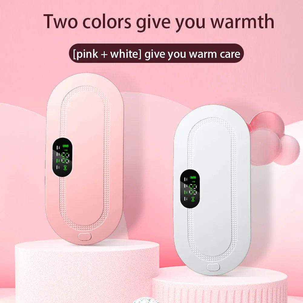Pink electric heating and massage belt for waist and abdominal pain relief with digital controller.
