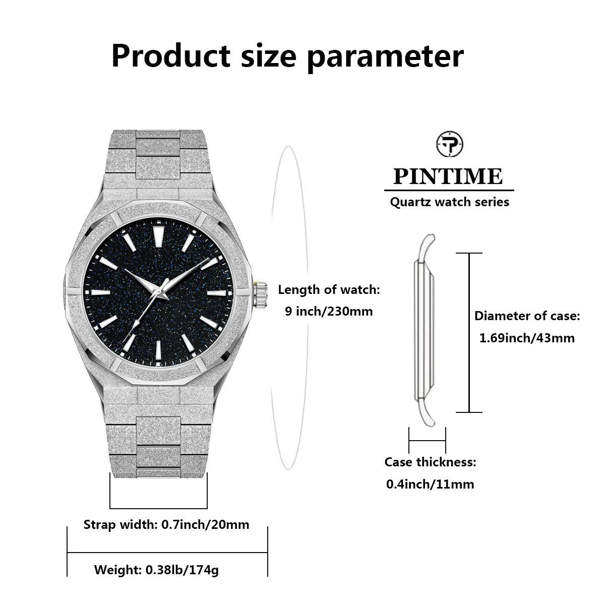 Men's frosted stainless steel business watch with luminous markers in silver colour option
