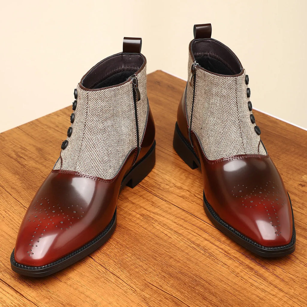 Brown men's formal Oxford shoes with a side zipper, square toe, and low block heel on a rubber sole.