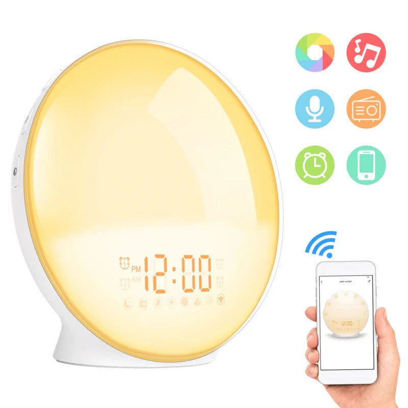 Sunrise alarm clock with gradual lighting, nature sounds, and colour customization