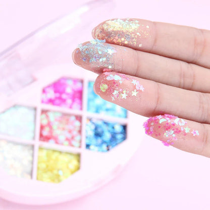 Seven-colour shimmer pigment glitter for face and body, perfect for festivals and special occasions