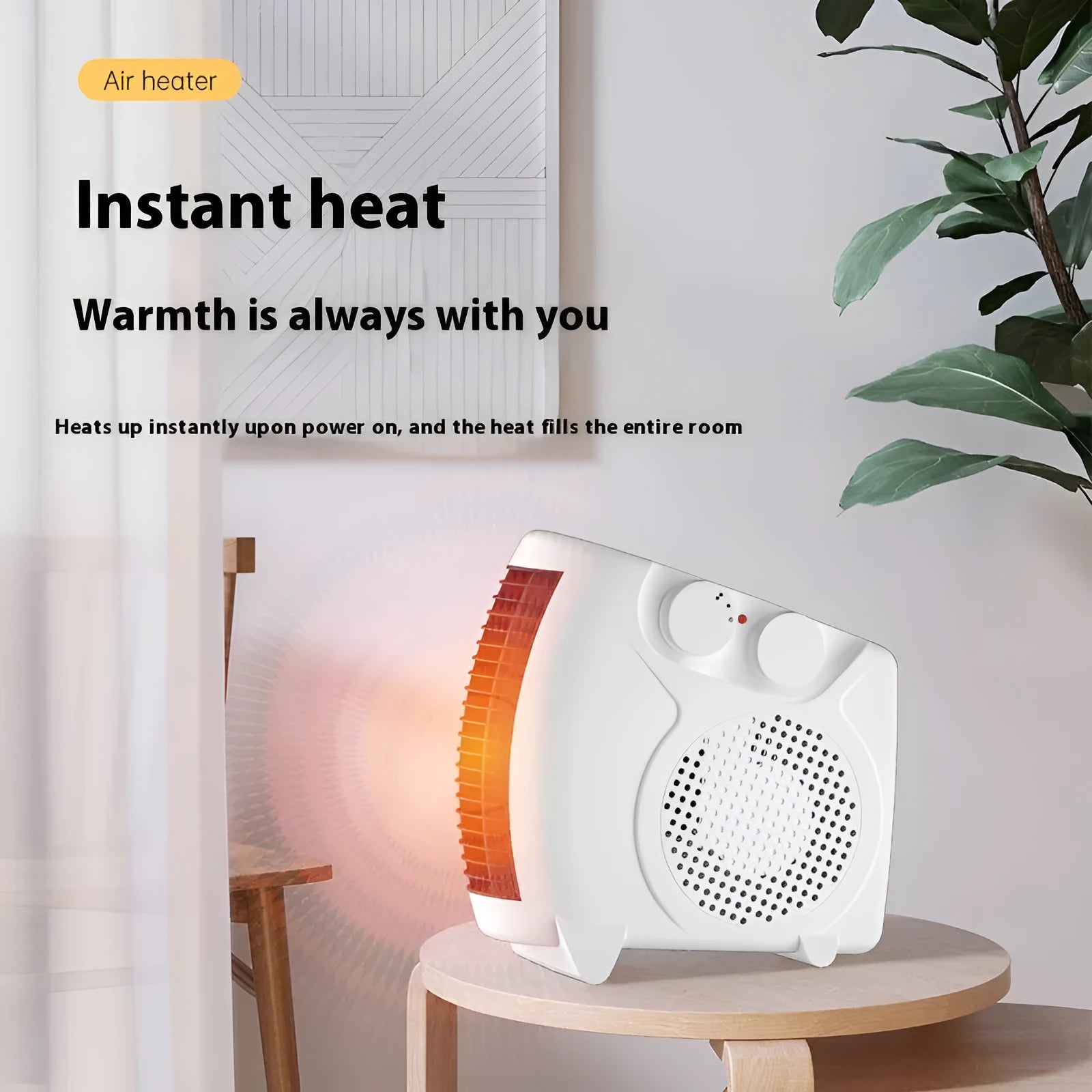 White compact desktop electric heater with ceramic heating element showing front ventilation grille