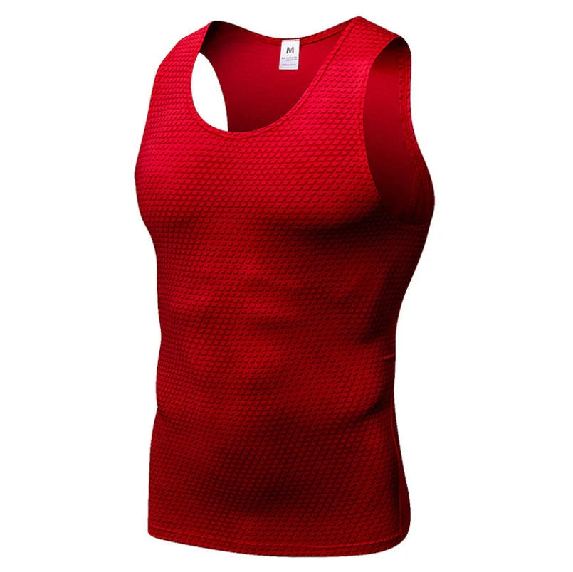 Men's sports vest in polyester fibre, available in blue, black, red, white, and grey