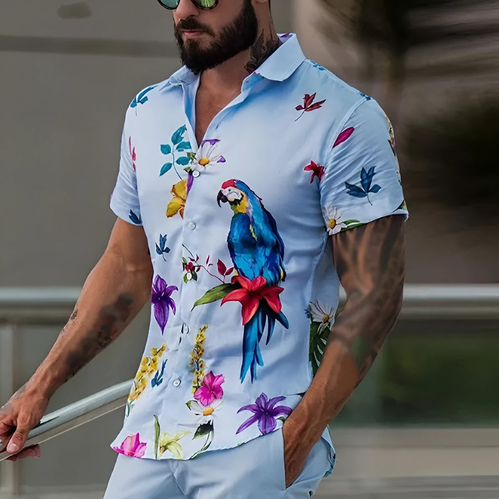 Men's blue short sleeve Hawaiian beach shirt with pointed collar