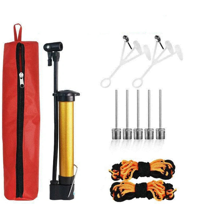 Dual-action basketball pump with storage net containing five ball needles for sports equipment maintenance