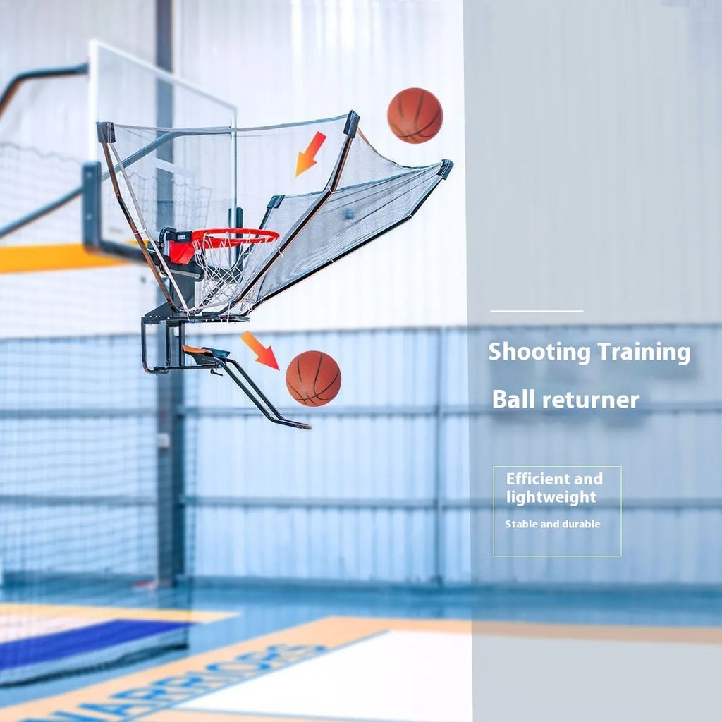 Basketball automatic ball return training machine hanging from basketball hoop