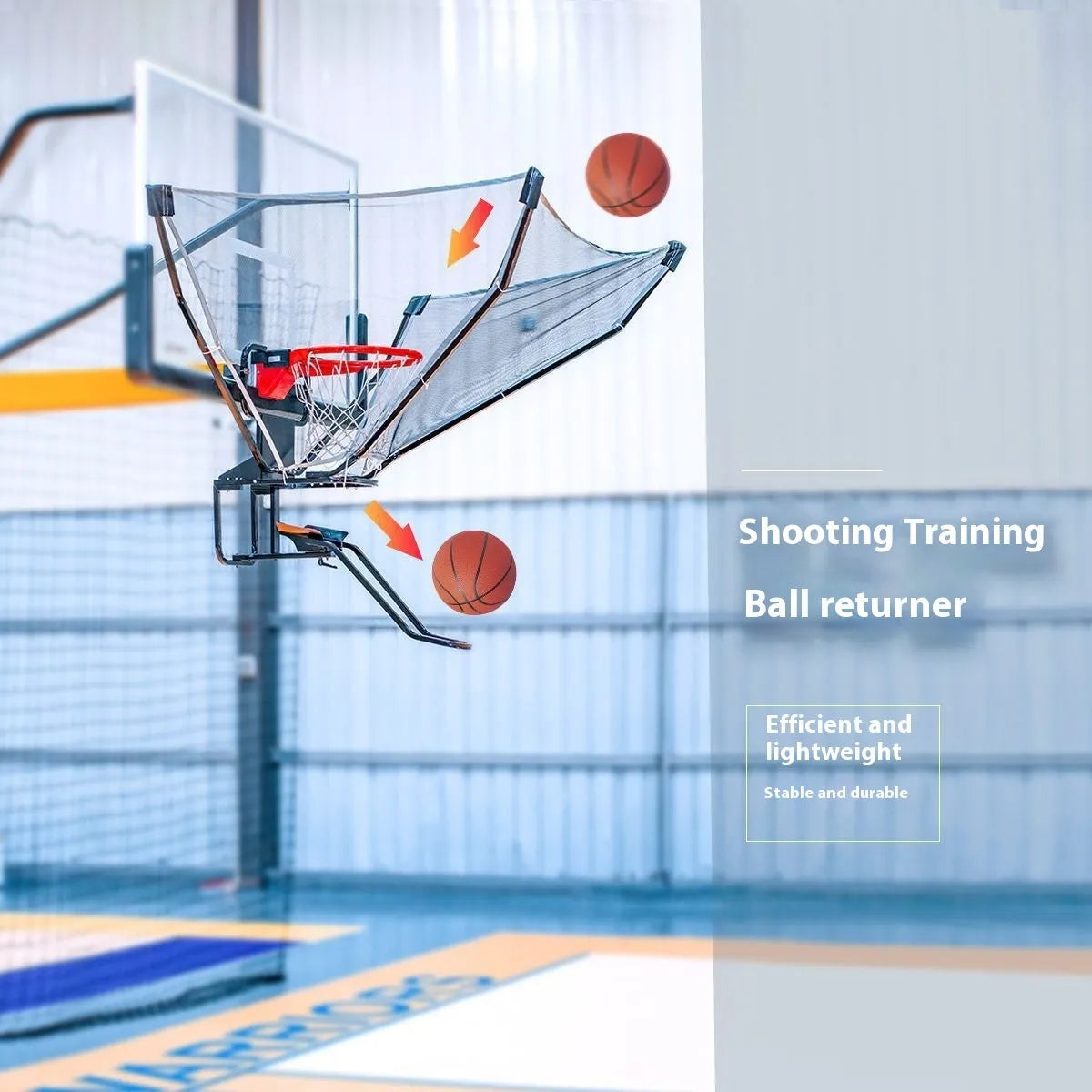 Basketball automatic ball return training machine hanging from basketball hoop