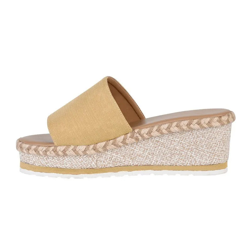 Platform wedge heel sandals with cloth upper in black, side view showing plain pattern and metal element detail