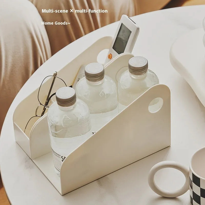 Plastic desktop storage box with two grids in milk coffee colour on a wooden desk.
