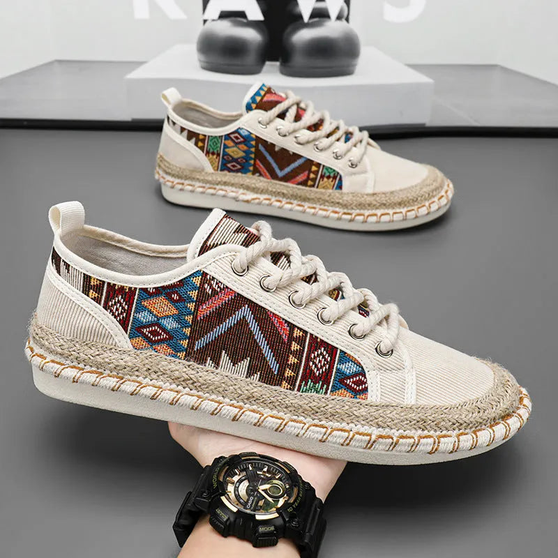 Men's beige and black casual cloth shoes with round toe design for summer