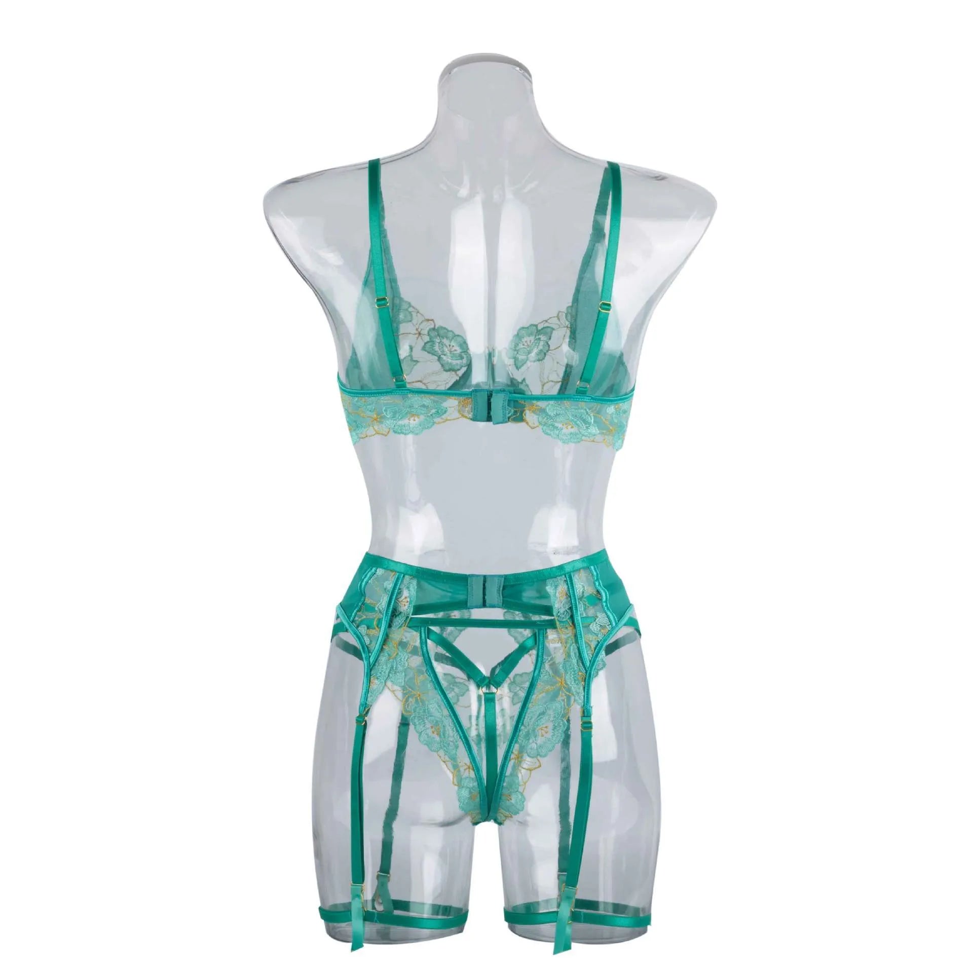 Light green women's embroidery bra set with three-point tights design showing SML size options