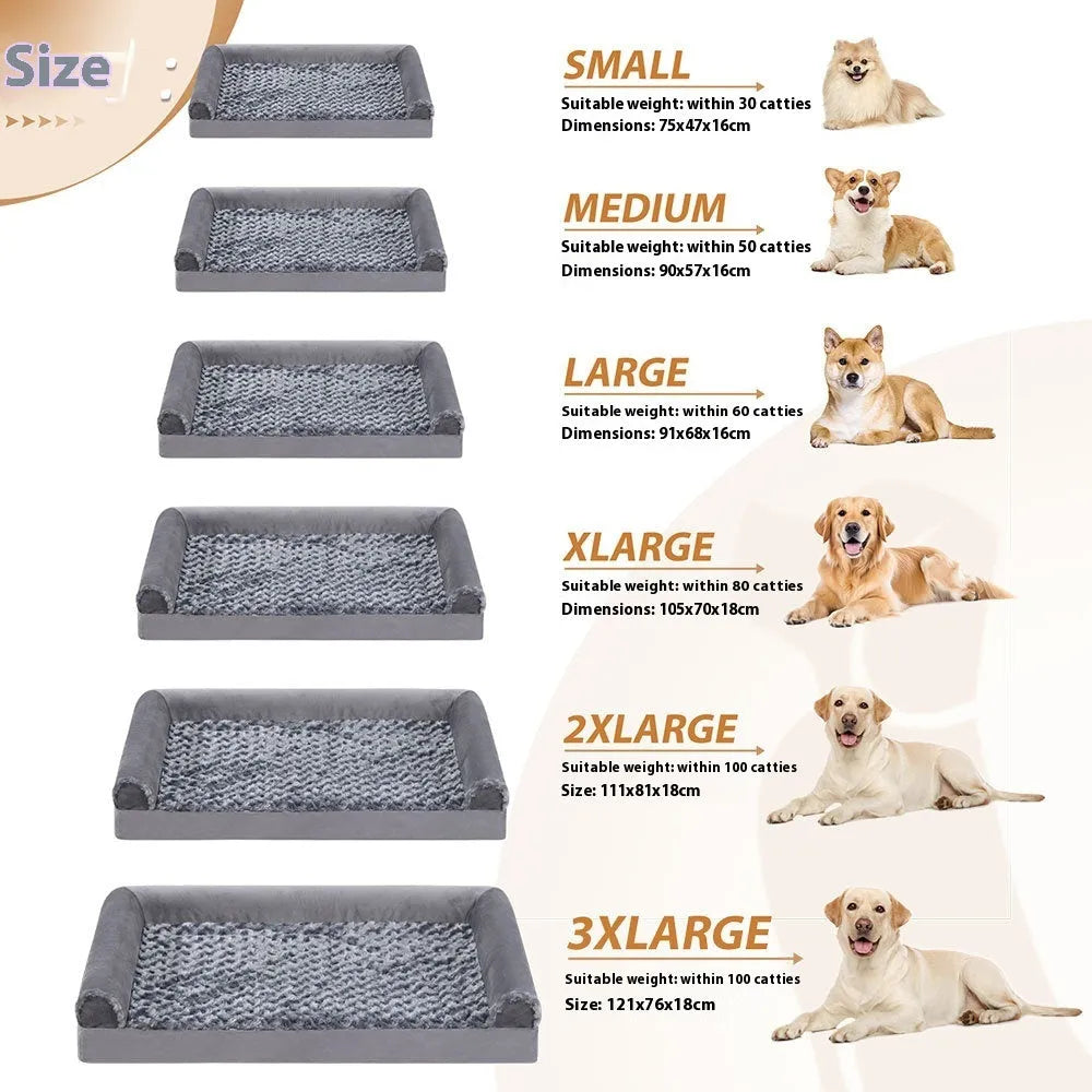 Grey U-shaped dog sofa bed with textured velvet cover and sponge padding.