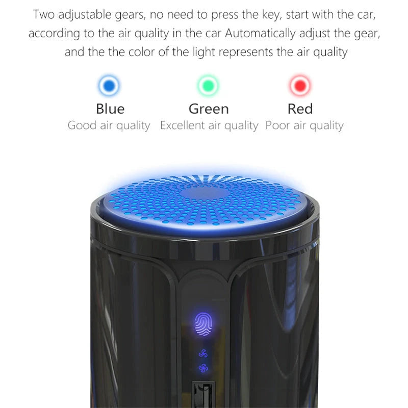 Compact car air purifier in black, reducing allergens with HEPA technology
