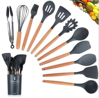 Silicone kitchenware set with wooden handle, heat resistant up to 230°C