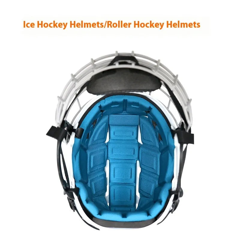 Ice hockey and ball hockey helmet with a carbon steel face mask, shown in a neutral colour.