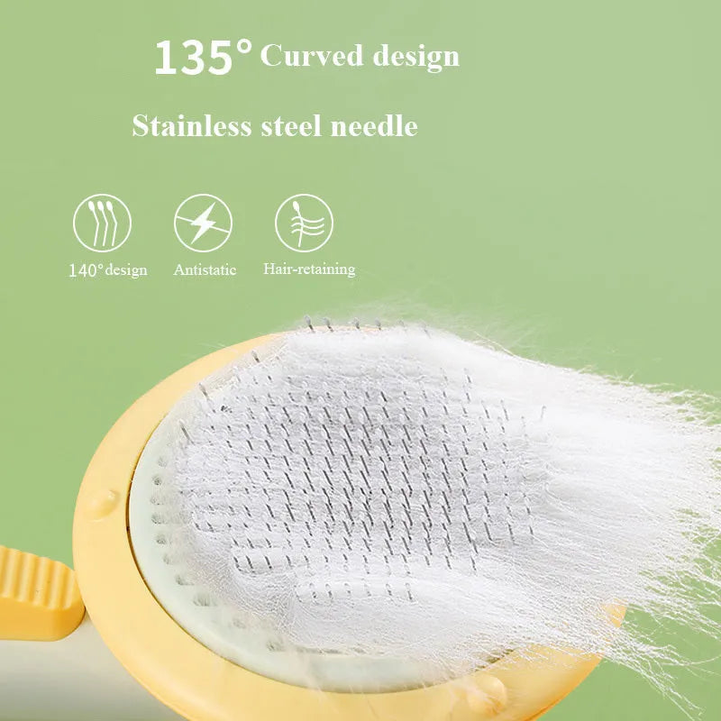 Pumpkin coloured pet grooming brush with curved stainless steel needles for hair removal