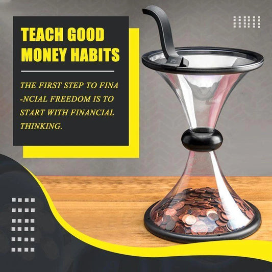 Transparent vortex piggy bank with coins spiraling down