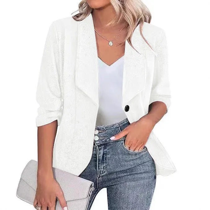 Close-fitting slim fit polyester cardigan suit jacket in black, shown as a smart casual layer.