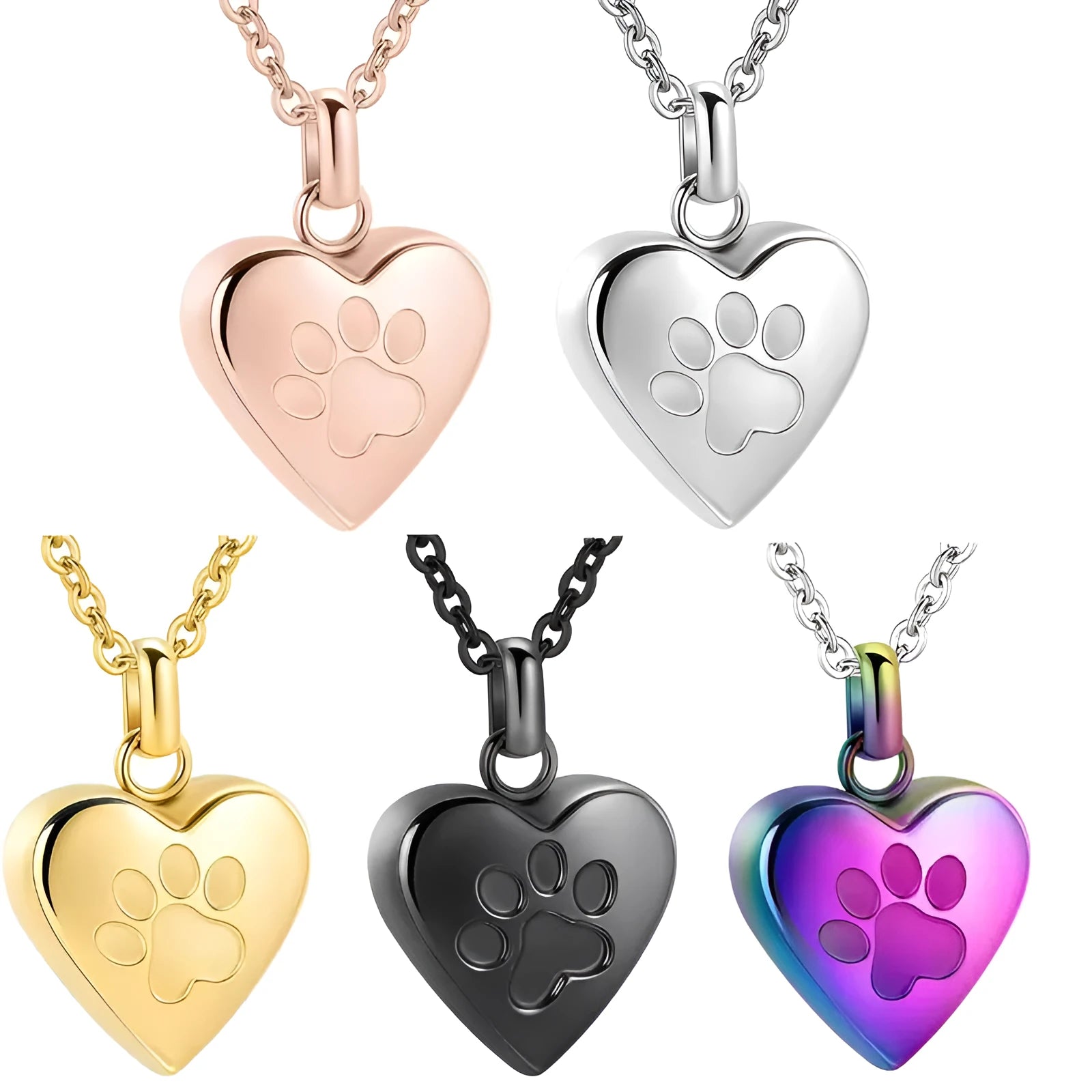 Openable heart-shaped titanium steel cinerary necklace on a chain with a paw print design.