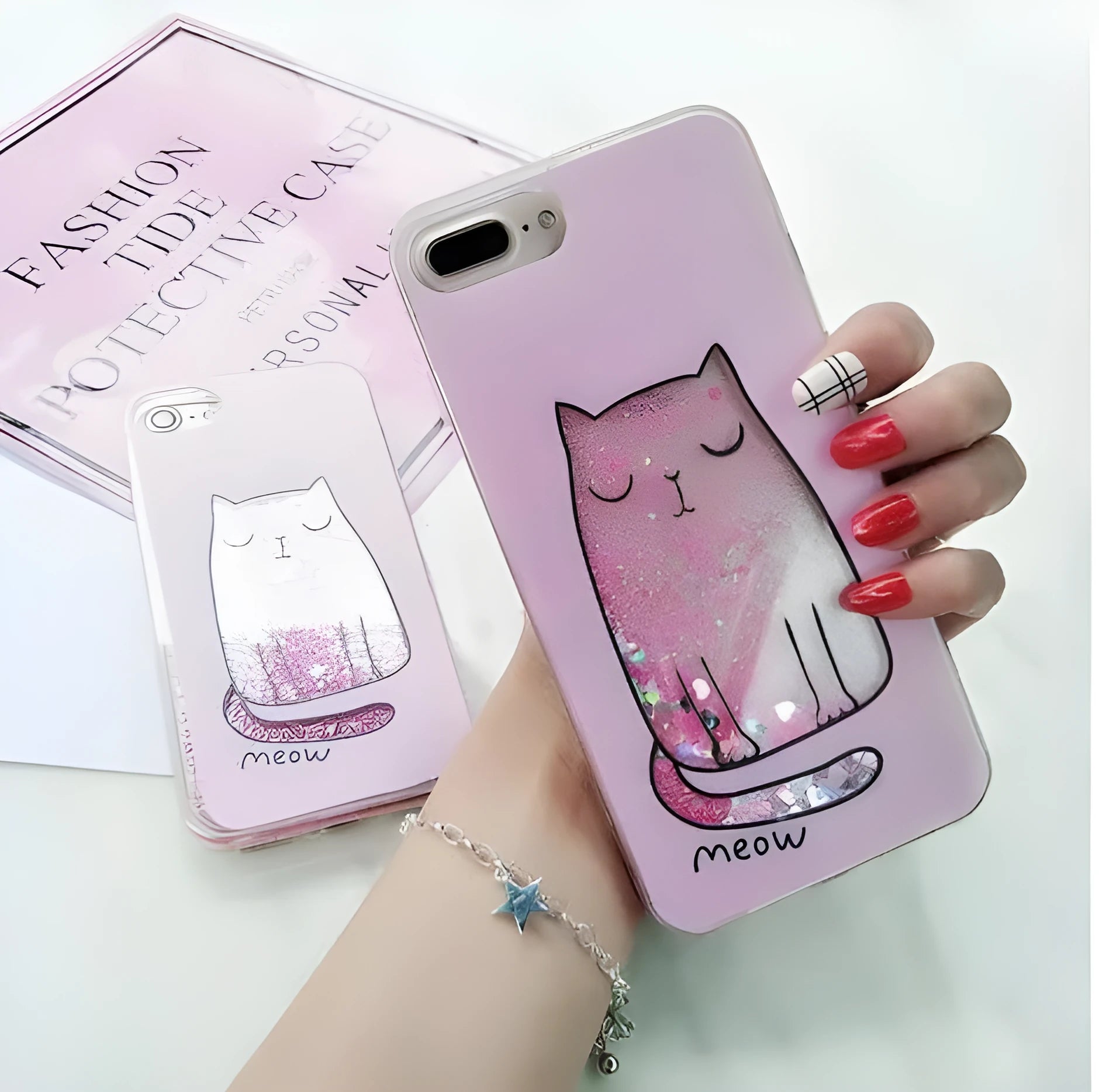 Bright glitter cat design on a phone case for iPhone models 6 through to X.