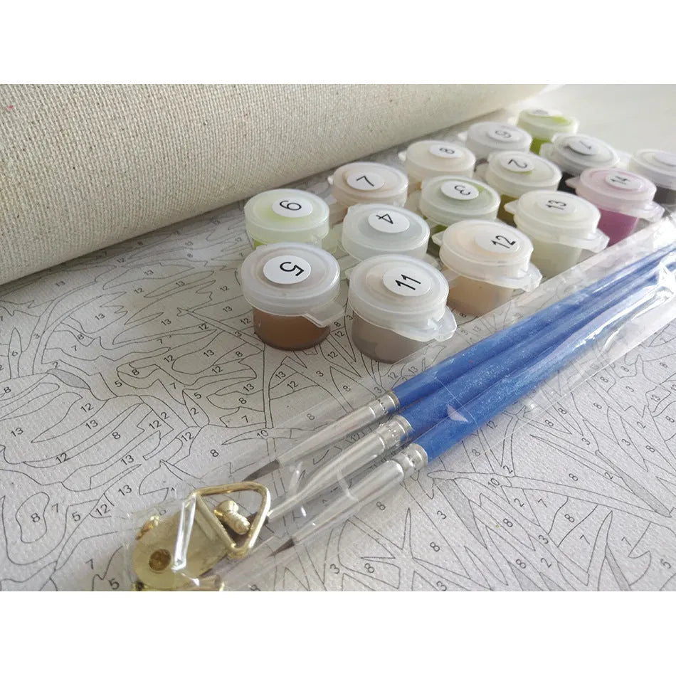 40x50 cm landscape paint by numbers kit showing linen canvas, acrylic paints, and optional wooden stretcher frame