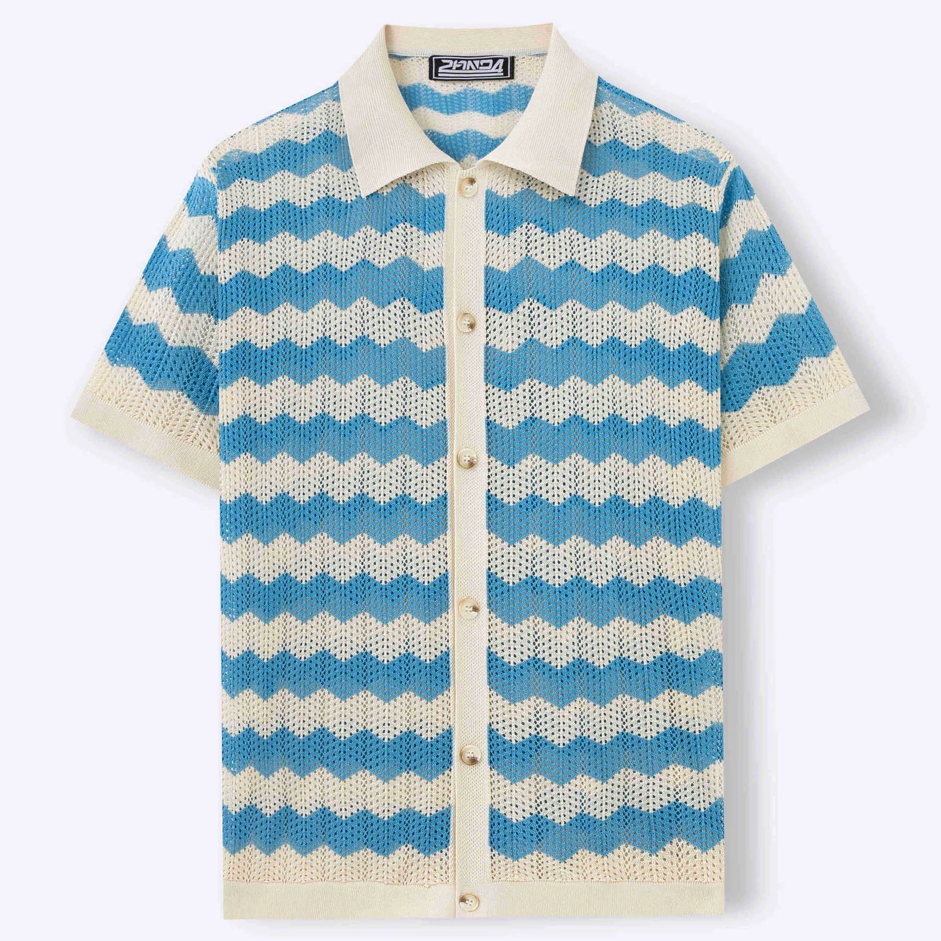 A yellow short-sleeve sweater with a textured corrugated jacquard pattern and a flocked surface detail.