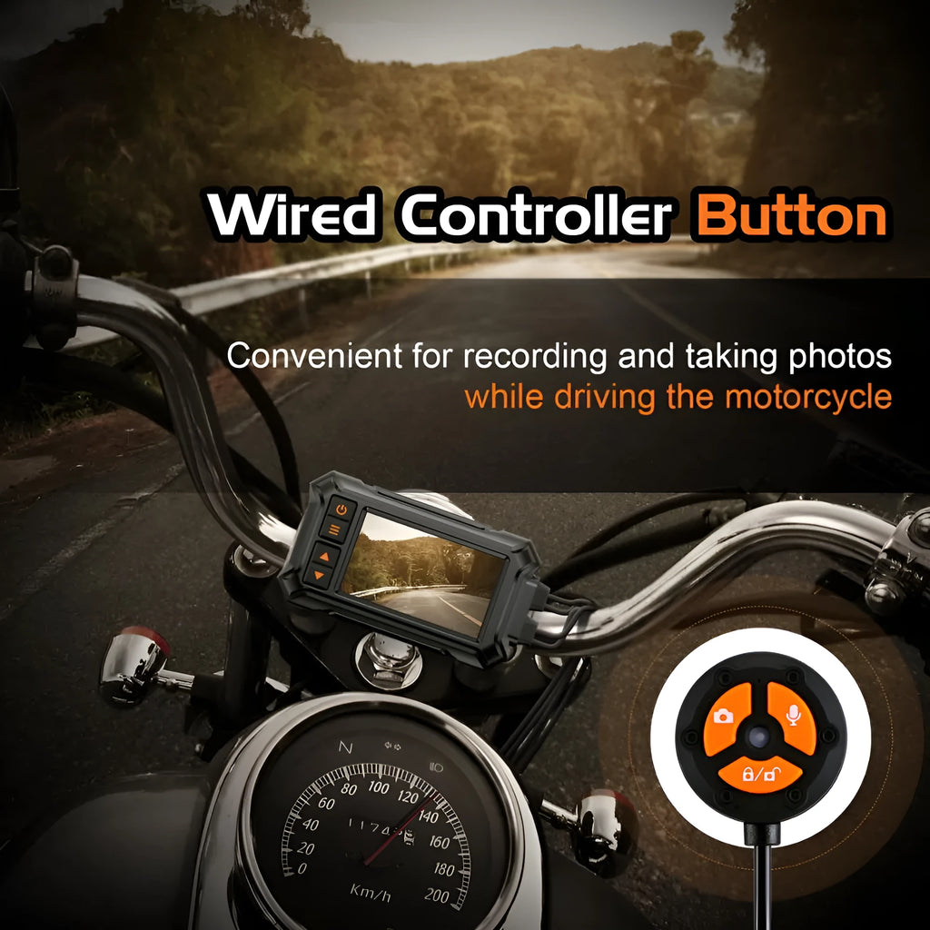 Motorcycle dash camera with 3-inch screen and dual lenses for front and rear recording