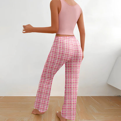 Women's plaid pyjama set with sleeveless letter print top and coordinating trousers for versatile homewear