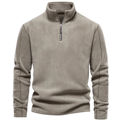 Men's stand-collar zippered fleece sweatshirt in olive green, brown, and dark grey