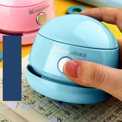 Electric pencil sharpener, eraser, and table vacuum cleaner set in blue