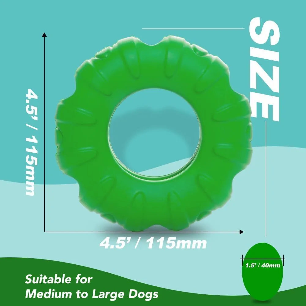 Blue rubber dog chew toy shaped like a tyre with holes, for medium and large dogs