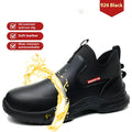 Men's black high-cut waterproof work boots with oil-resistant rubber soles