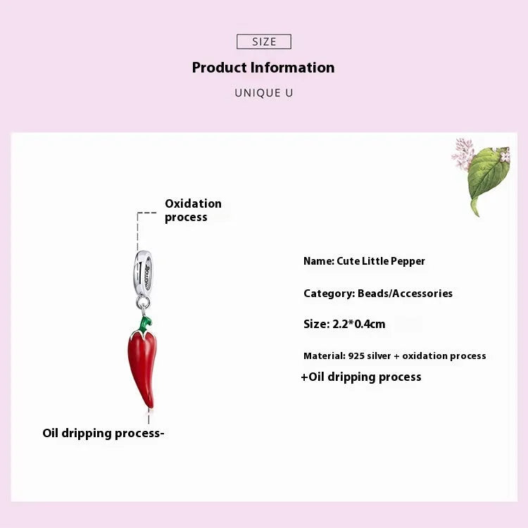 Korean style pepper pendant necklace in sterling silver with leaf-shaped charm and electroplated BSC461 finish