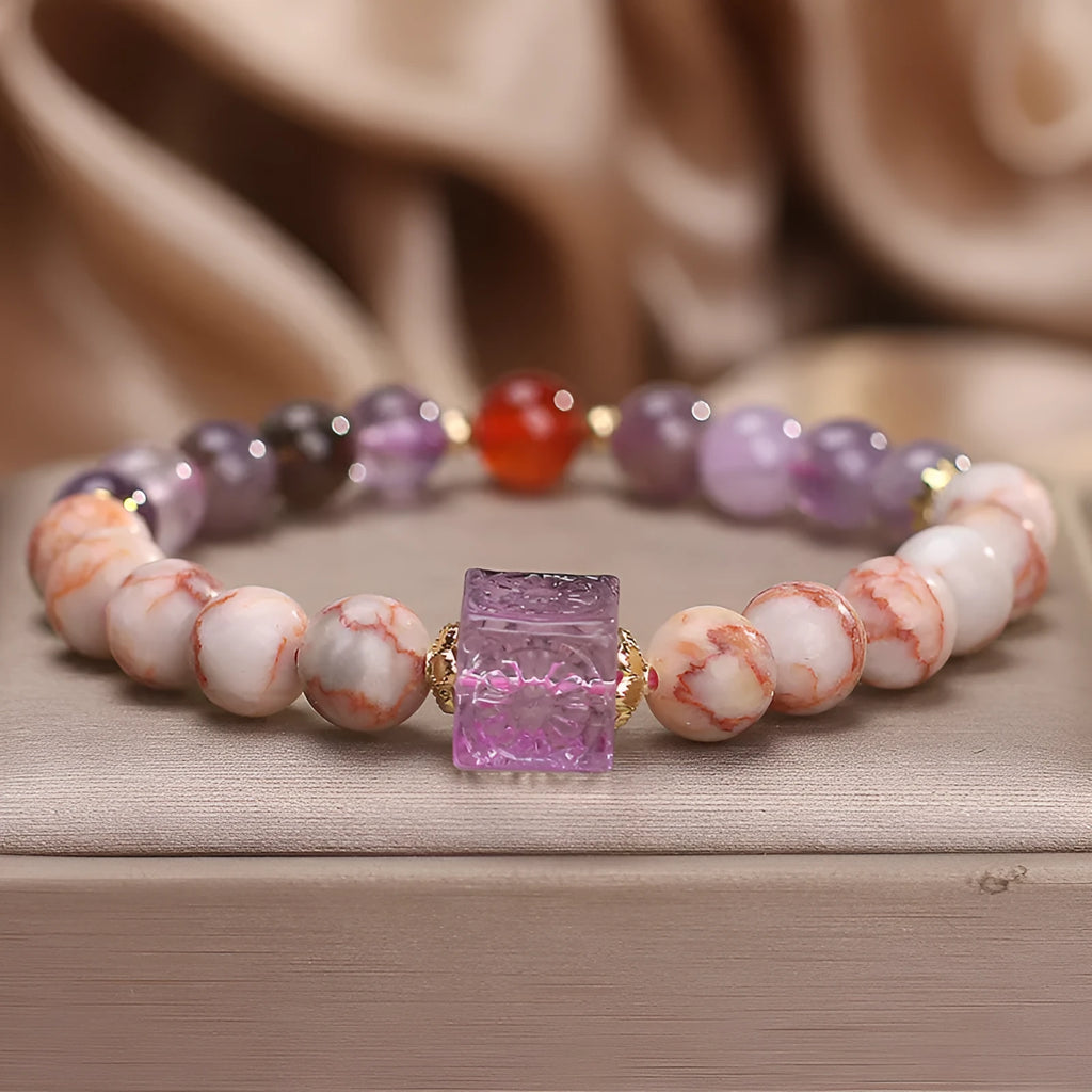 Natural agate bracelet in Amethyst Alashan colour for women, ethnic style on a light background