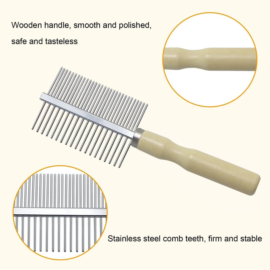 Wooden handle pet grooming comb for dogs and cats with round-tip metal teeth.